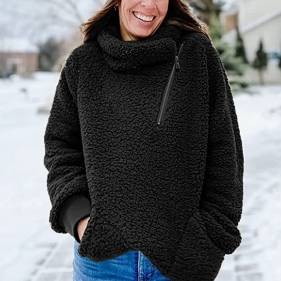 Longyuan Teddy Fleece Lapel Zip Pullover in Black Size L - Picture 1 of 9